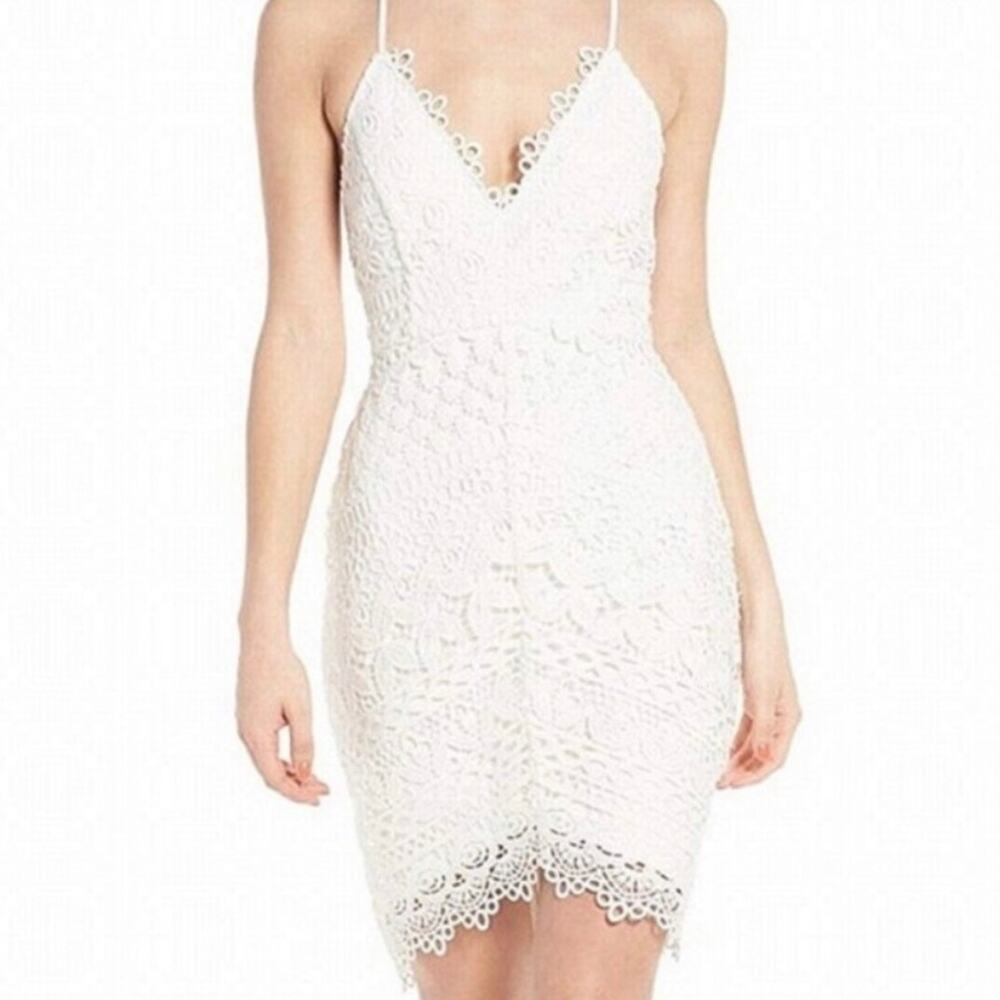 ASTR the Label White Lace Crochet Spaghetti Strap high low mini Dress medium